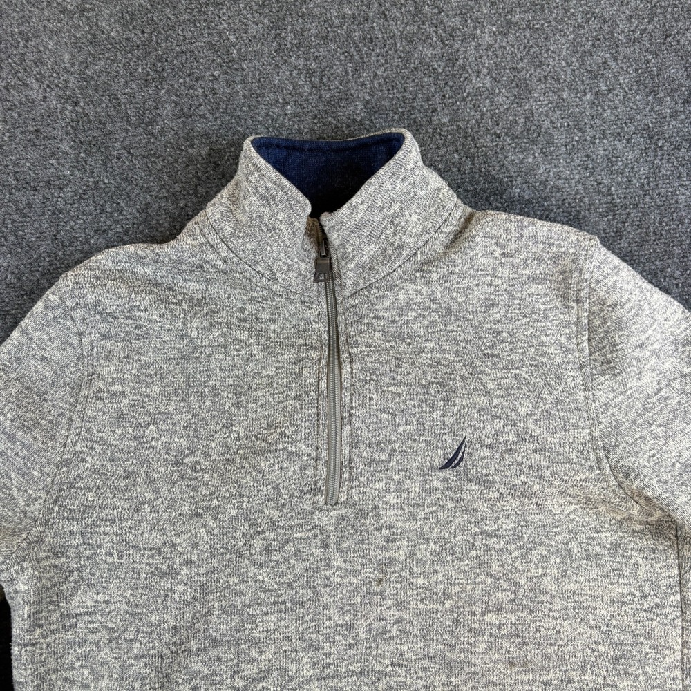 Nautica Sweater Mens Small Heather Gray Logo Mock Neck Quarter Zip Winter Wear